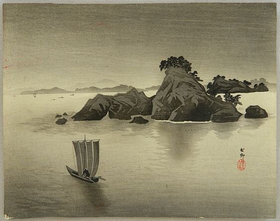 Лодка на фоне Сосновых островов. Картина Косона Охары, 1910.