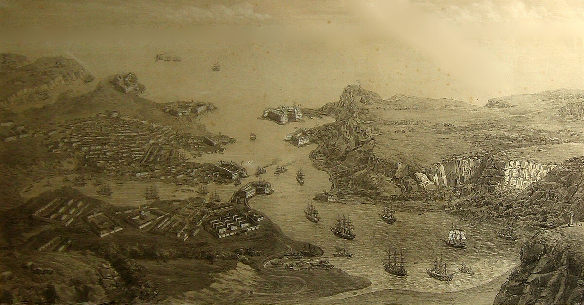 Литография, 1850 год. Перспектива города со строениями.