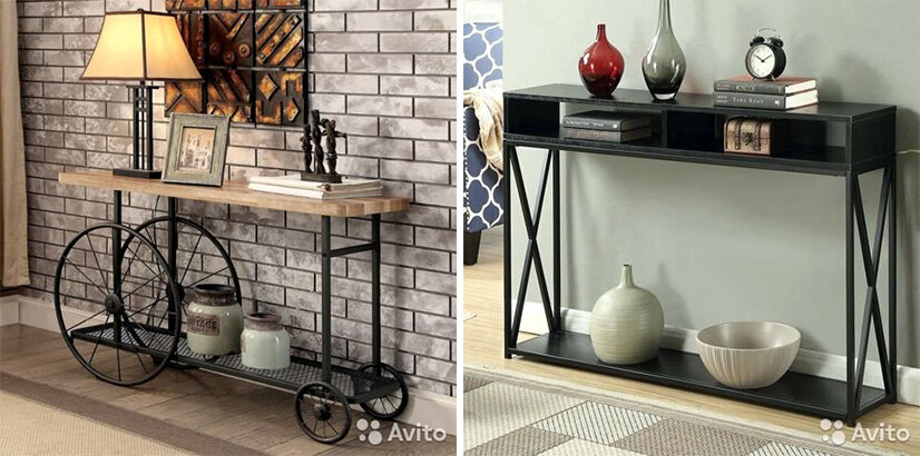 Консоли в стиле лофт (так их почему-то позиционирует изготовитель «Авторская мастерская Loft-мебели»). Абсолютно новые, с полками из тонированного массива сосны на каркасе, окрашенном эмалью. Ручная работа. За похожую на тележку просят 27000 руб. За похожую на комод – 16000 руб.