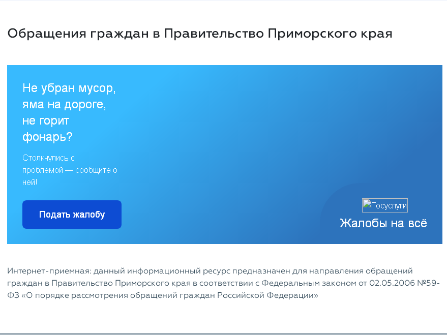 Страница сайта для подачи обращения граждан в Правительство Приморского края
