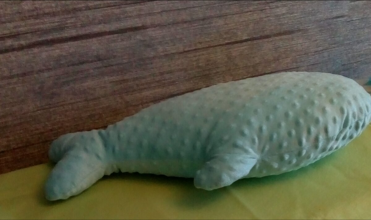 Набила подушку  синтепухом, и зашила потайным швом через плавник.