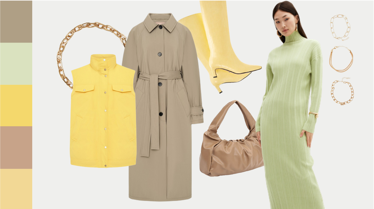 Удобный многослойный образ с яркими акцентами в натуральных весенних оттенках. Один из слоев (пальто или жилет) можно убирать в случае изменчивой погоды.