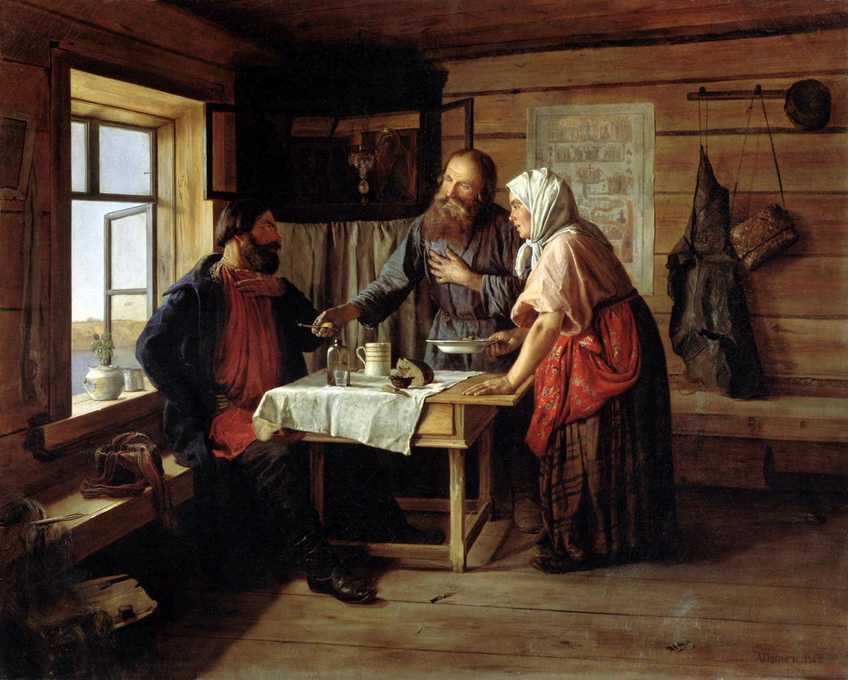 А. Попов "Демьянова уха" (1856). Источник изображения: https://kartinysistoriey.ru/wp-content/uploads/2020/07/andrej-popov-demyanova-uha-1856-god.jpg