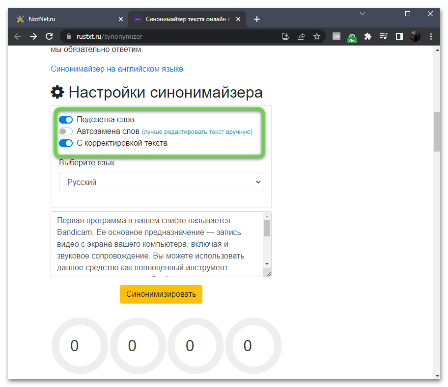 Настройки синонимайзера