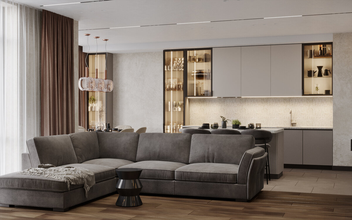 Элегантный и респектабельный дизайн квартиры оформлен в современном стиле и удивляет изысканностью форм и изяществом цветовой палитры, с сочетанием спокойных кремовых, белых, серых оттенков.