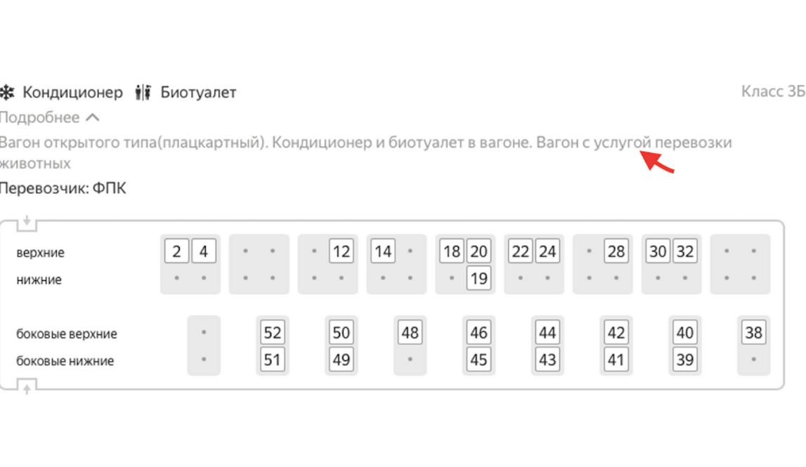 На Яндекс Путешествиях о возможности провоза животного сообщается в описании каждого вагона