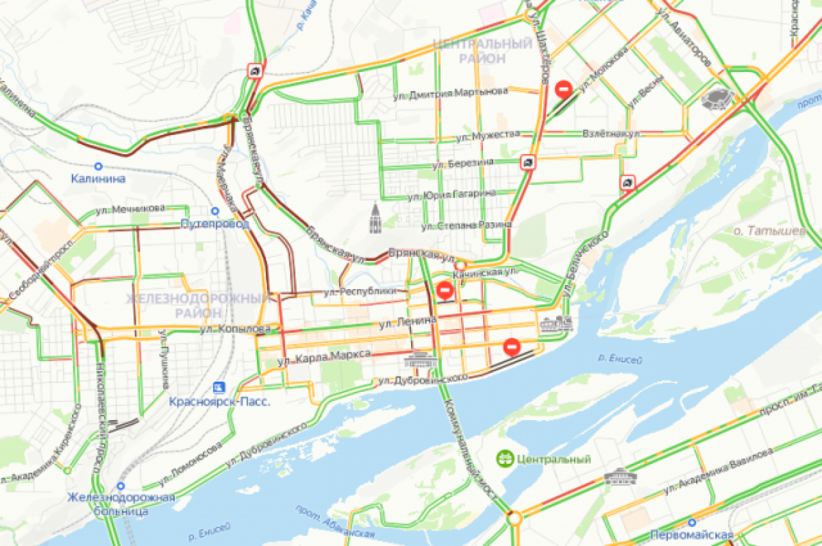    В Красноярске вечером 22 августа образовались 9-балльные пробки
