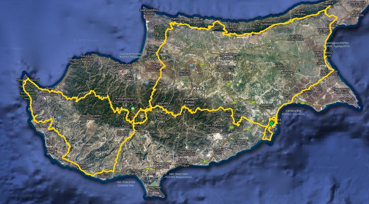 Аэропорт Ларнака – Ларнака – Фамагуста – Кантара – хр. Кириния – Гирна – Панагрон – Морфу – хр. Троодос – лес Пафоса – полуостров Акамас – западное побережье - хр. Троодос – Никосия – Ларнака – аэропорт Ларнака 