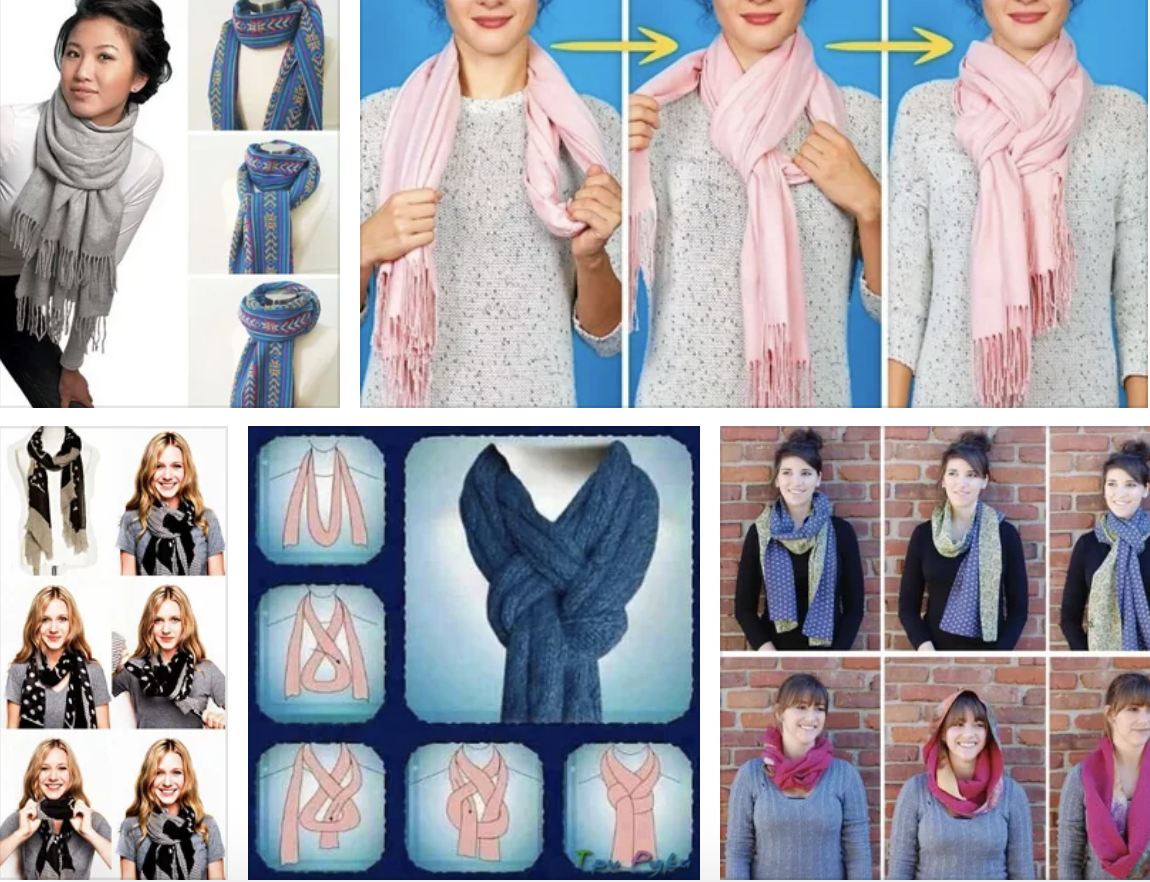 Способы завязывания шарфов на шее. Красивое завязывание шарфа на пальто. Способы завязывания шарфов и платков на шее. Способы завязывания палантина.
