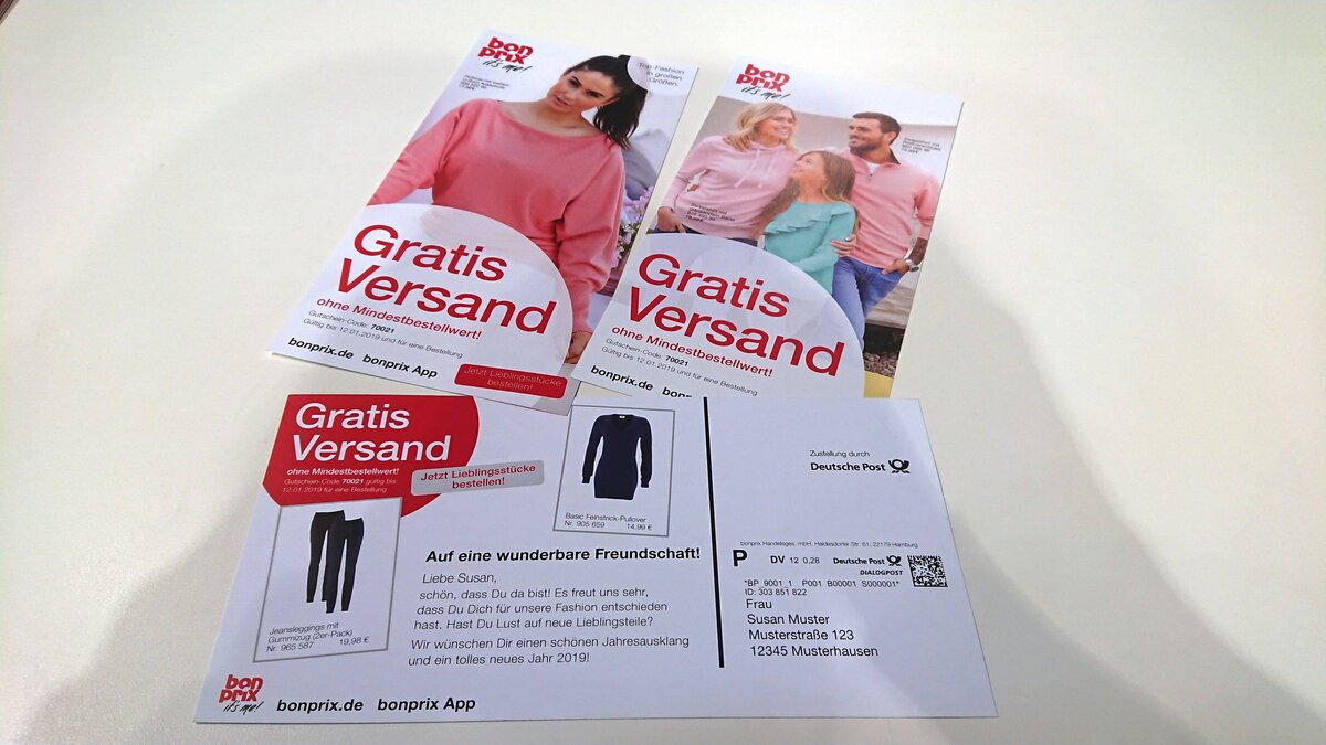 Открытки Bonprix с индивидуальными промопредложениями.