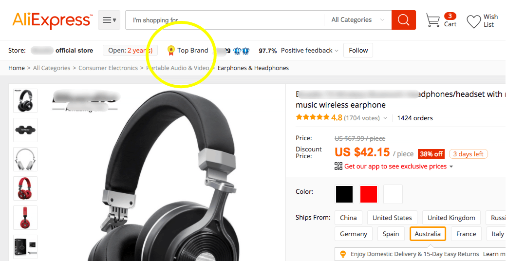 Пример, как выглядит отметка "Топ-бренд"  у продавца на Алиэкспресс