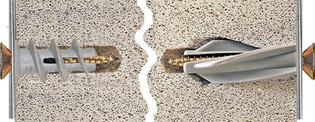 Для пористых, слабых материалов нужны специальные дюбели, имеющие большую площадь опоры ( основа схемы взята на сайте Obustroeno.com ).