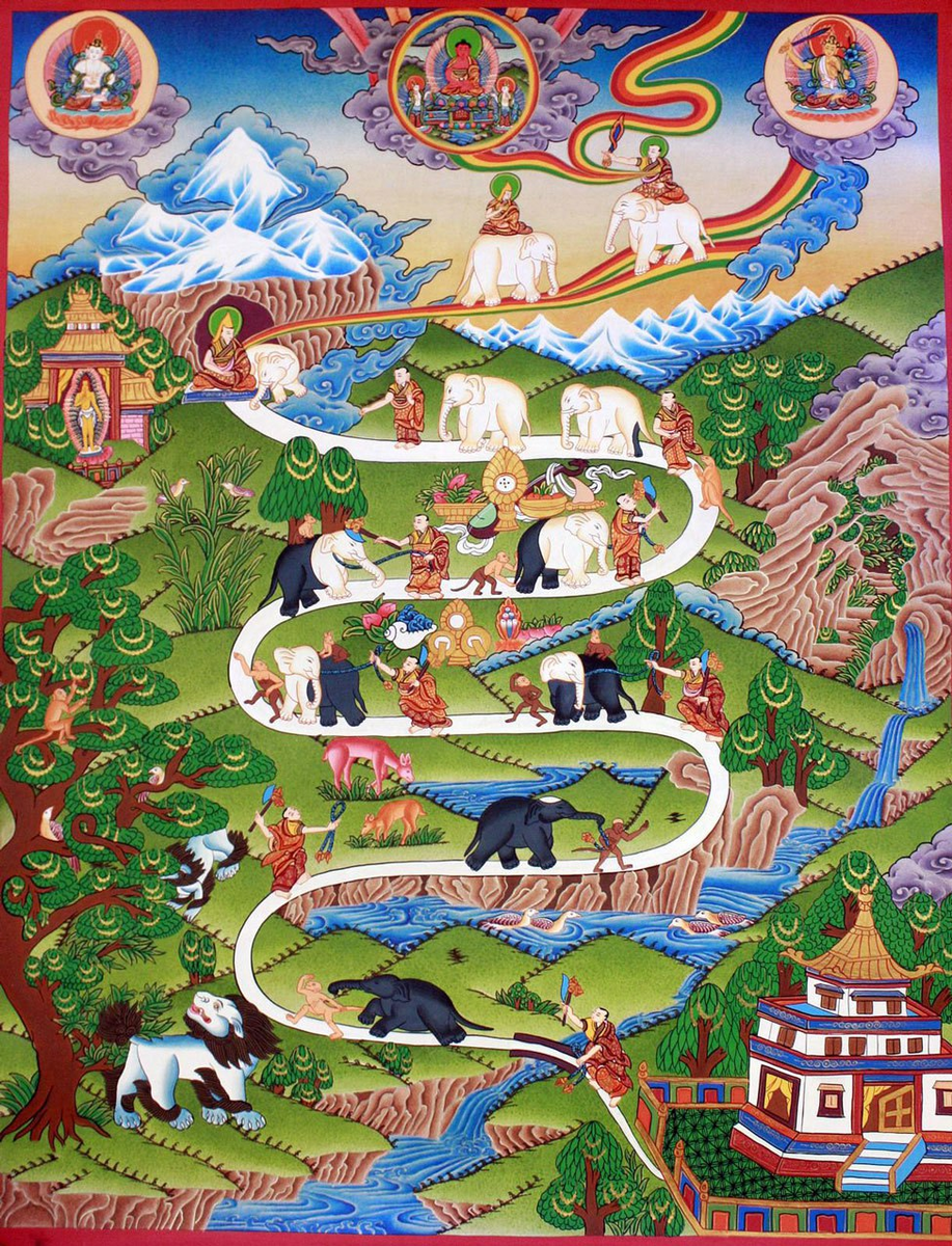 Известная тибетская гравюра, изображающая путь к просветлению: 