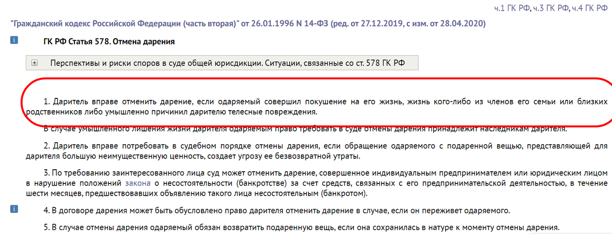 ст. 578 ГК РФ отмена дарения