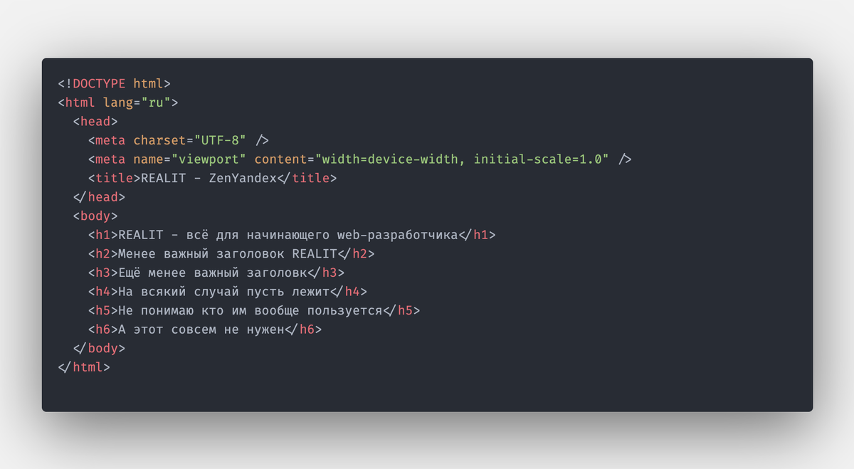 Пример заголовков в HTML