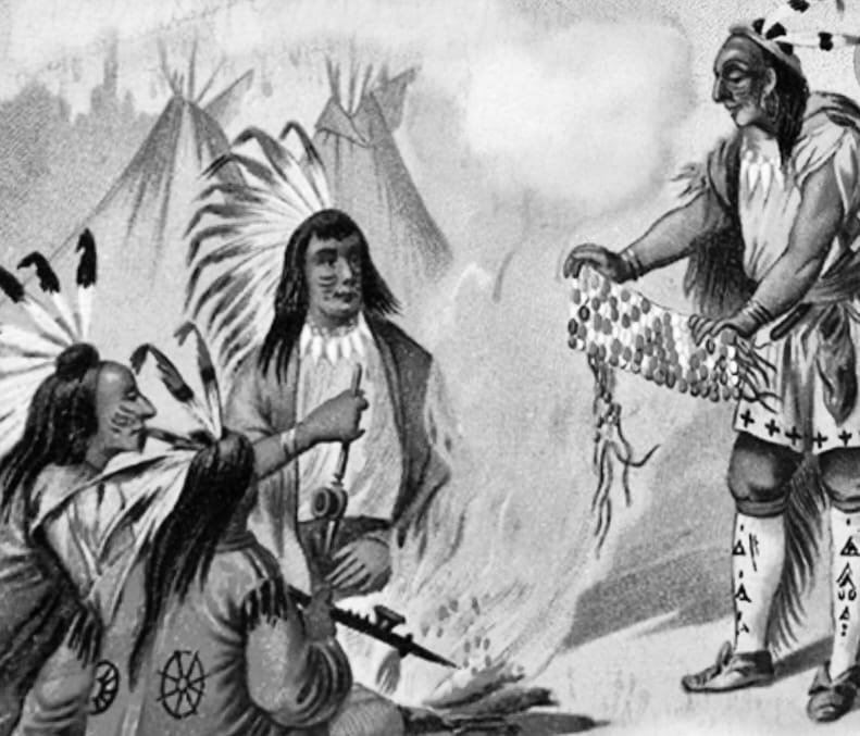 Те самые бусы вампум в руках у индейца справа