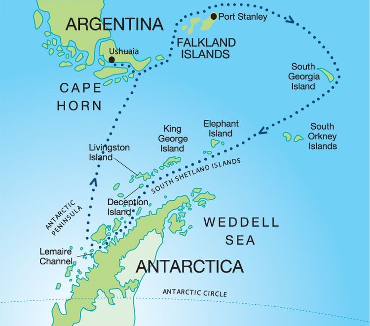 Ushuaia - Antacrtcic Peninsula , самый короткий путь, проходящий через Drake Passage. 