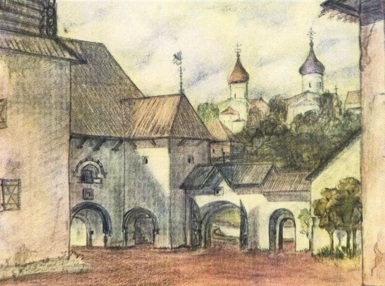 "По Пскову XVII века". Если спуститься от Луцкой улицы (Красных партизан) вниз к Подгорью мимо Лапиной горки, то есть засыпанного для петровской батареи храма Никольского "из Песок" монастыря 