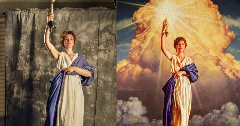 Референсное фото Кэти Андерсон (слева) и заставка Columbia Pictures (справа)