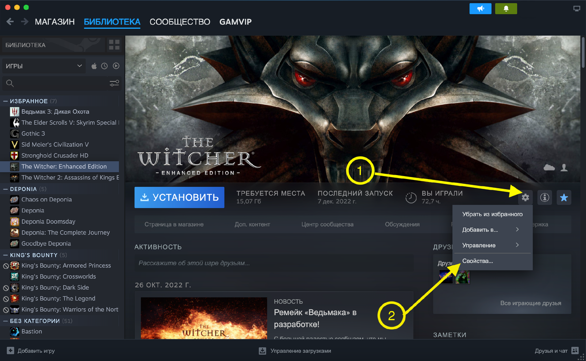 Открытие свойств The Witcher
