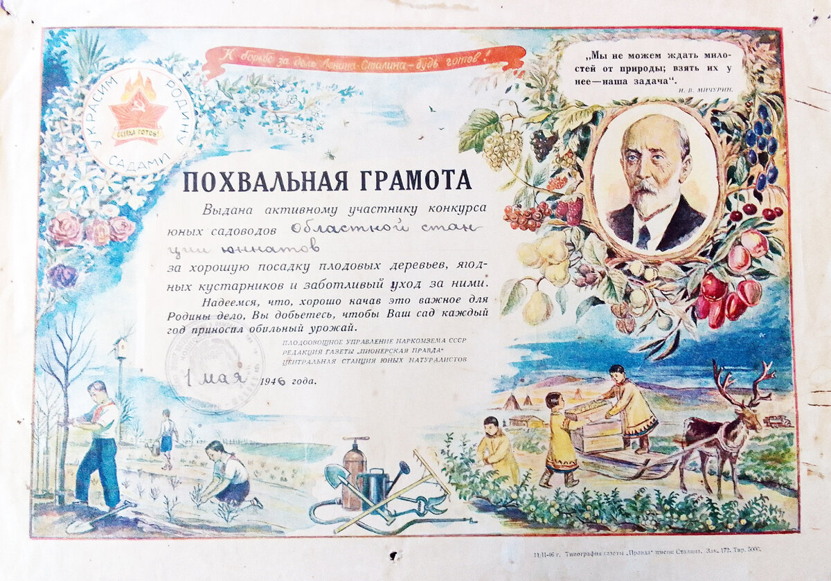 Похвальная грамота юным садоводам (1946 г.) Добавьте описание
