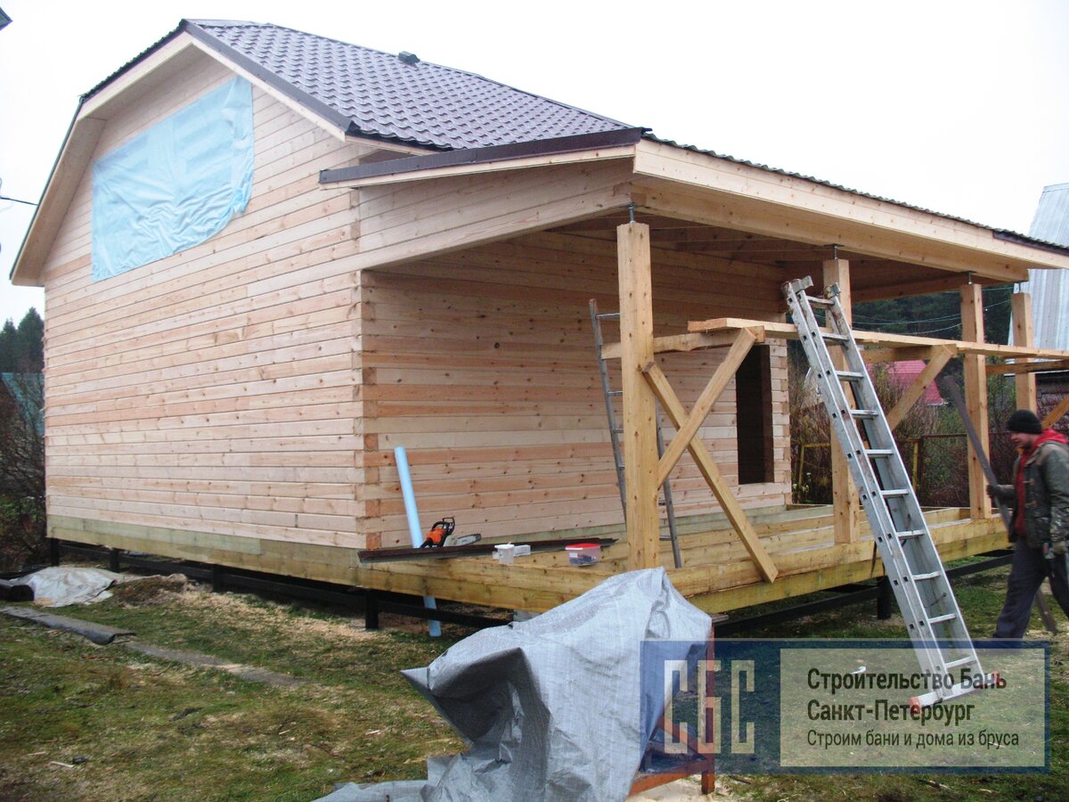 Сруб дома 6х8м из профилированного бруса. Сборка сруба под усадку