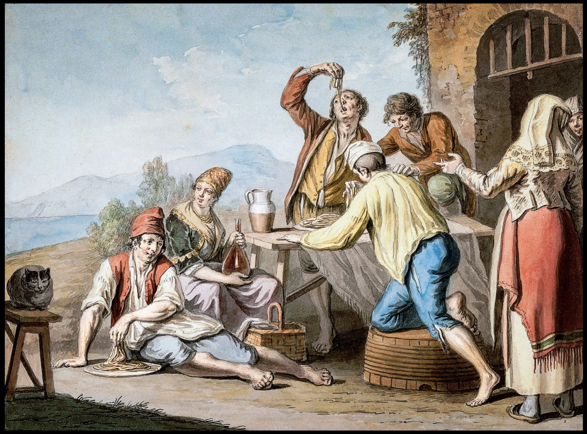 Саверио делла Гатта начала 19-го века изображает «едоков макарон» Неаполя.