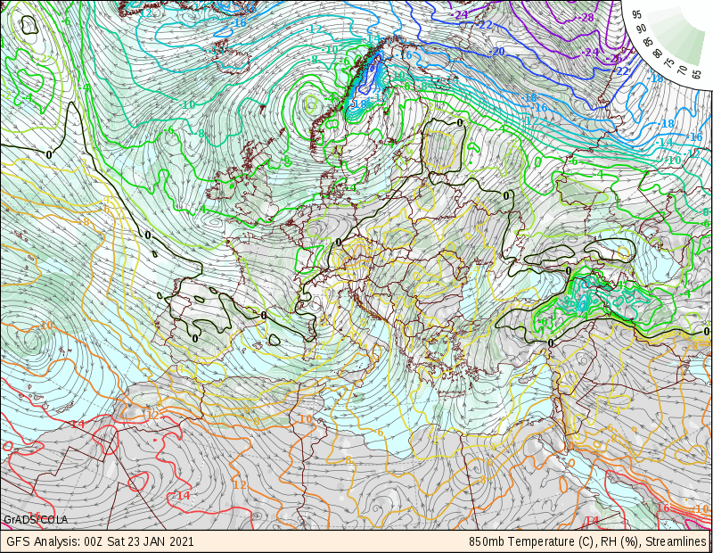 
Температура Т850 (на высоте около 1,5 км) ночью 23.01.2021. Хорошо видны колоссальные контрасты температуры воздуха над ЕТР
Источник – Weather and Climate Data