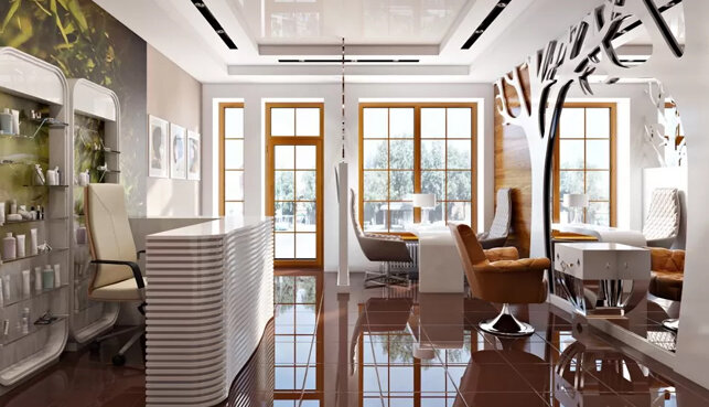 Традиционно в качестве отделочных материалов для салонов красоты применяются глянцевые поверхности, контрастные яркие тона, богатые фактуры 