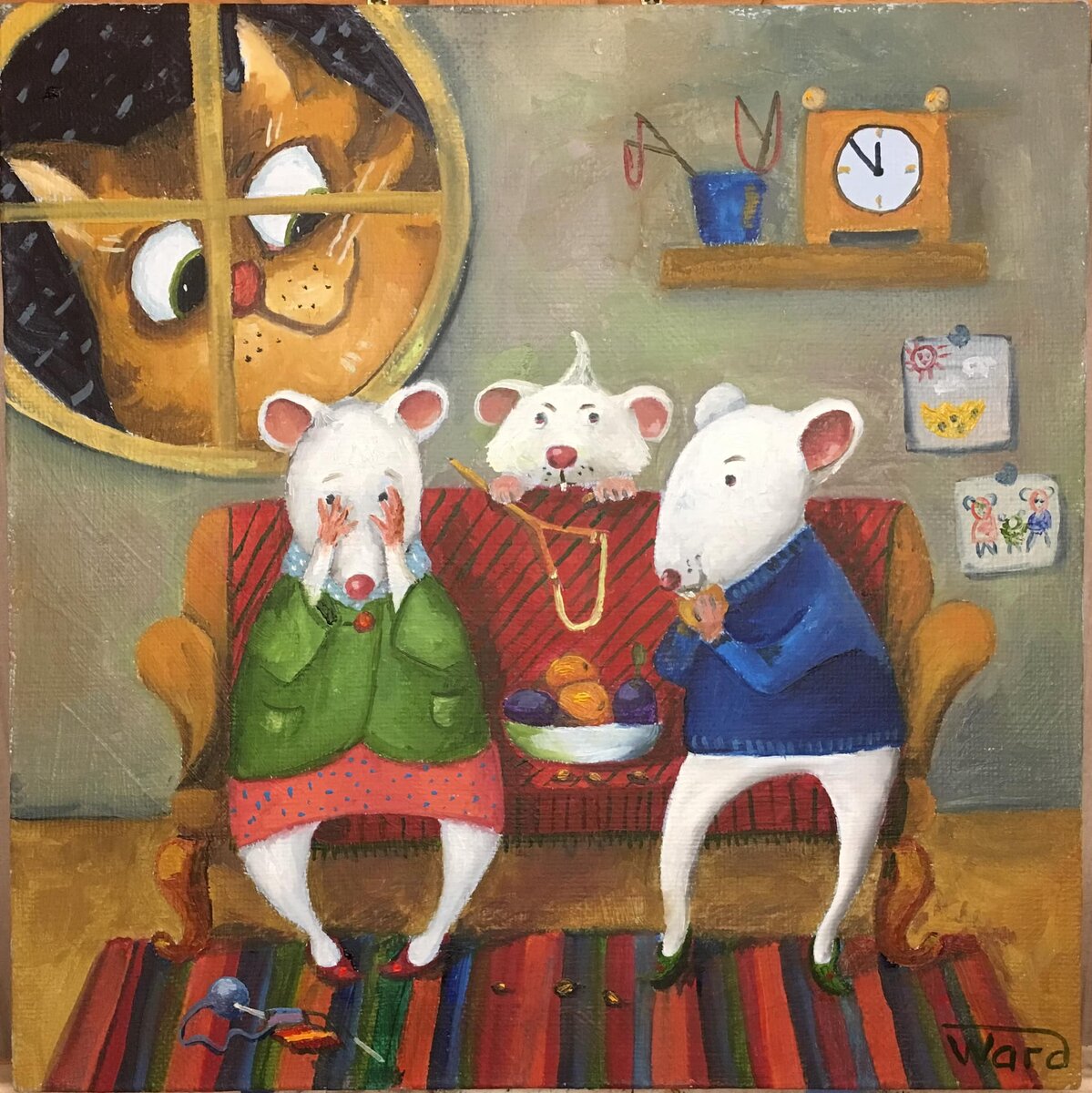 Мышиные сказки. Незваный гость. Холст, масло, 30 х 30