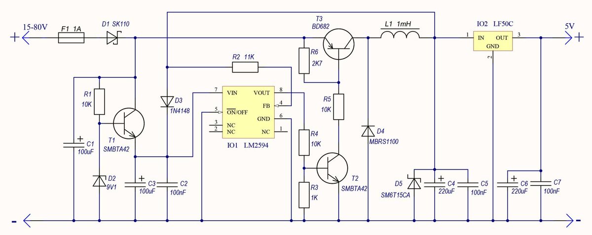 Принципиальная схема источника питания 5 вольт от 15 - 80 вольт