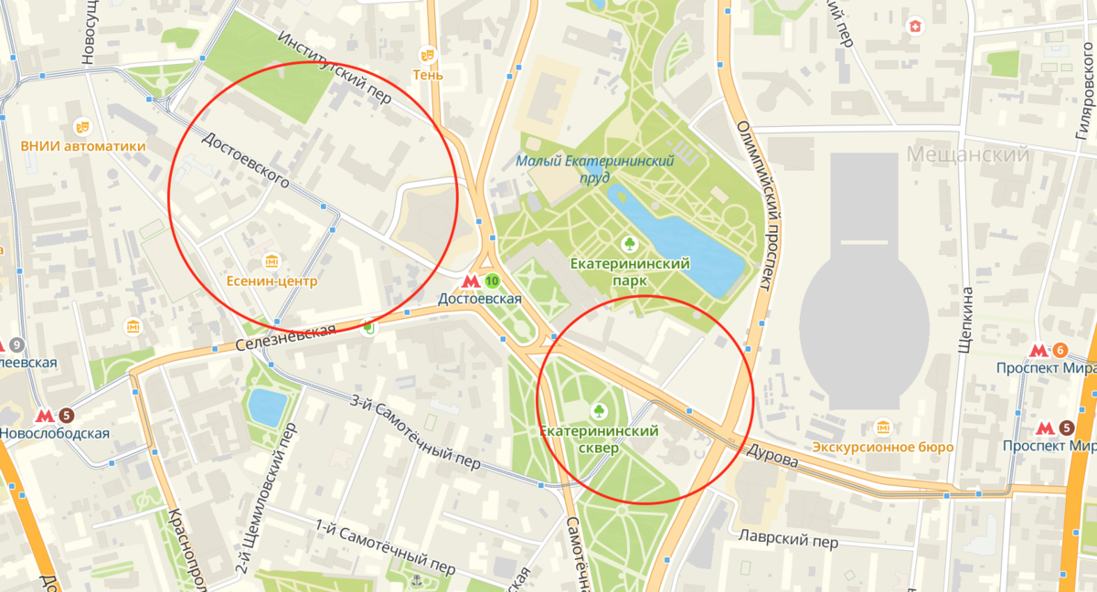 Кружочками на современной карте Москвы обозначена Божедомка. Почему их два, расскажу дальше. Отсюда: https://2gis.ru