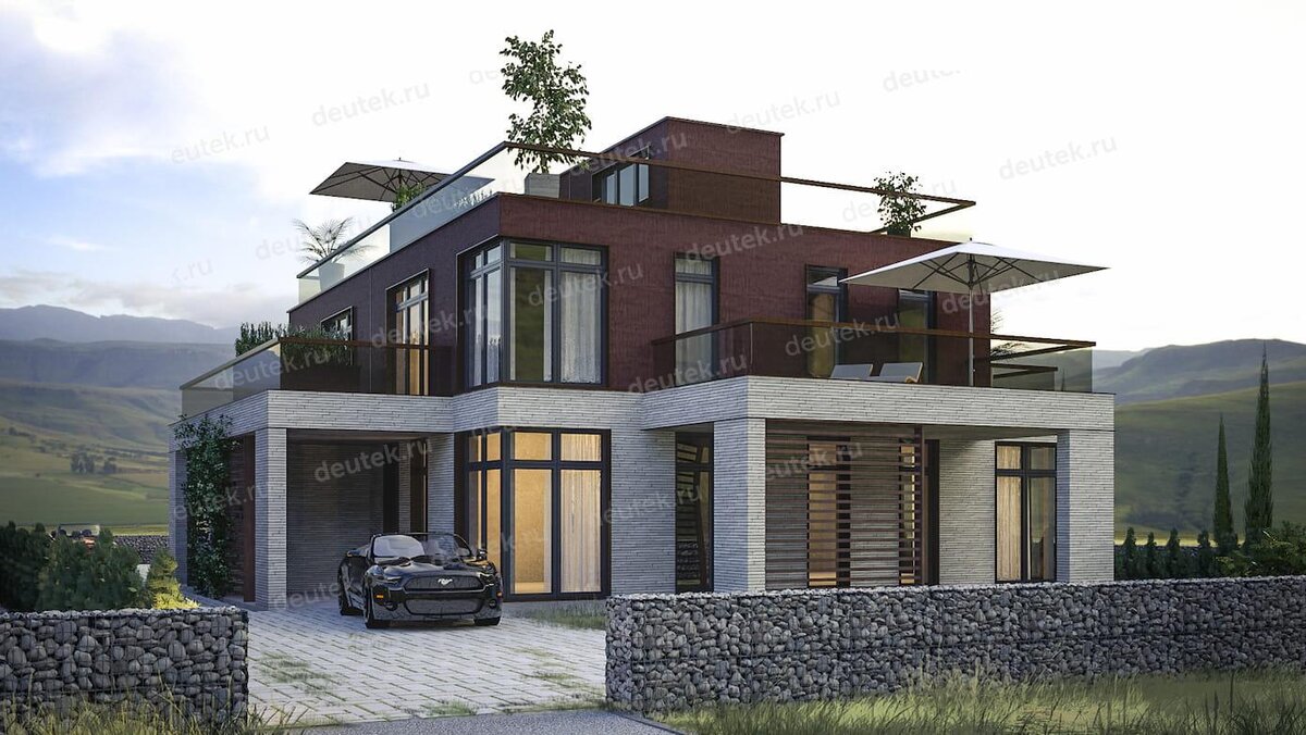 Проект двухэтажного дуплекса 280 м2 с балконом, навесом и террасой на крыше - L-4