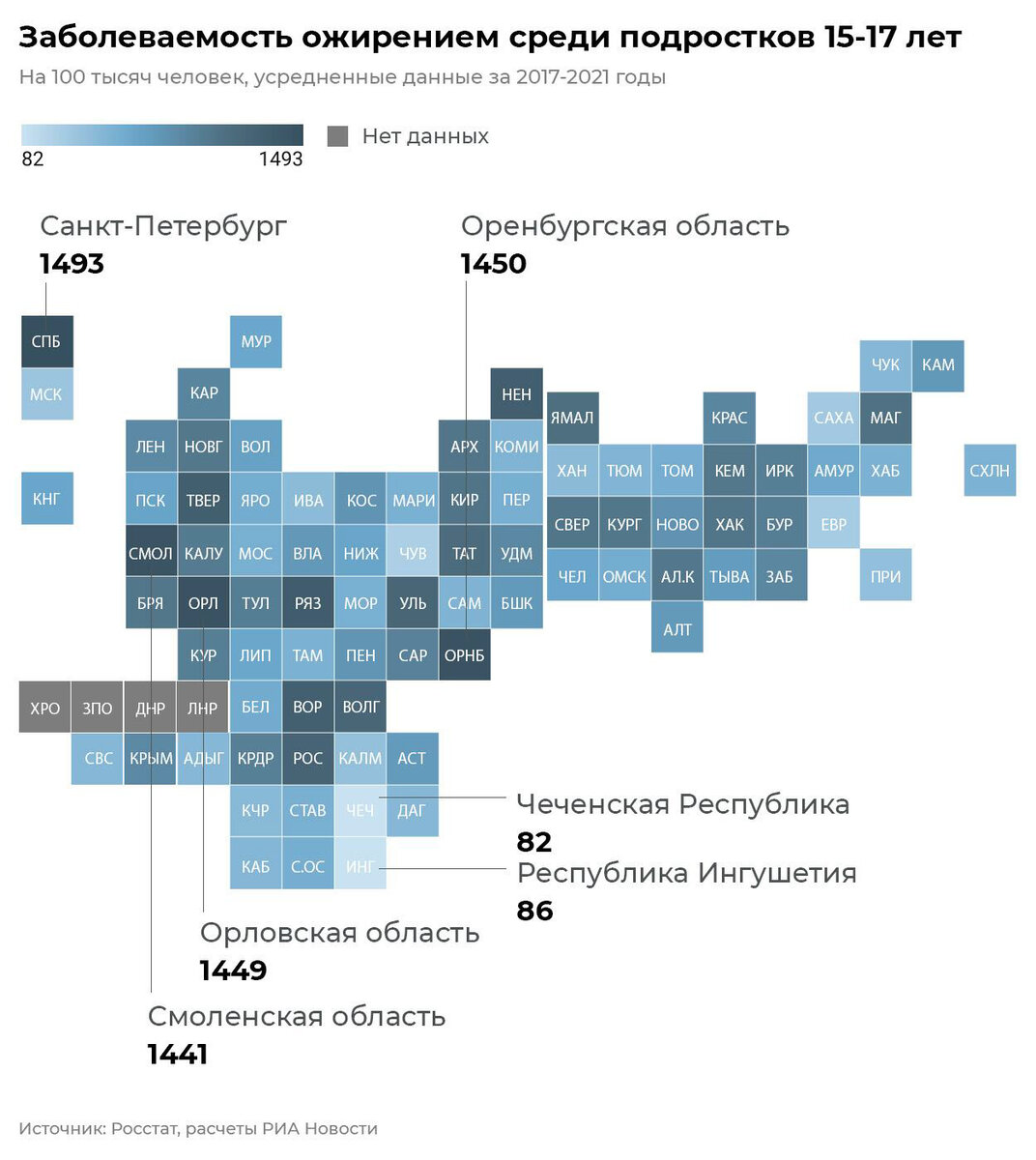 Количество диагнозов ожирение на 100 тыс. человек в возрасте 15–17 лет Инфографика: © РИА Новости