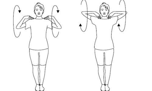 Делаем  круговые движения обеими плечами одновременно, сначала вперед, затем  назад. После, вращаем локтями и переходим к круговым движениям кистей.  Если хотите, то можно еще сделать вращение обеими руками вперед и назад.
