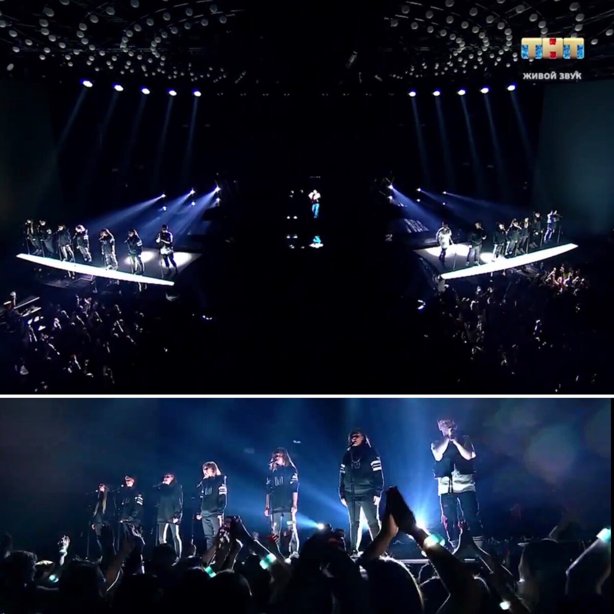 Рис: Участники команды Тимати на шоу "Песни" в номере посвященном Децлу. Источник: скриншот шок "Песни" подготовлен автором статьи.