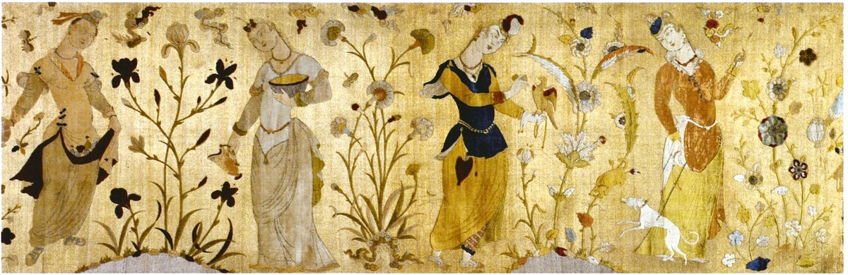 Фрагмент шелковой ткани с шитьем по золотому фону. Иран. ХVI–XVII вв.