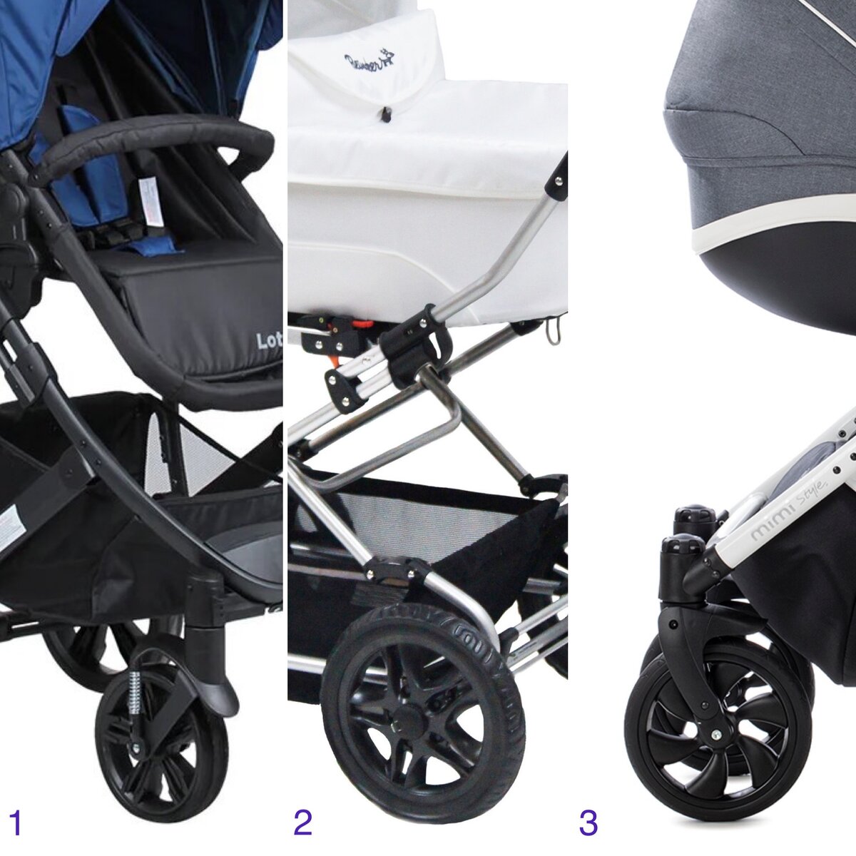 Виды колёс: 1- пластиковые, 2 - надувные, 3 - литые