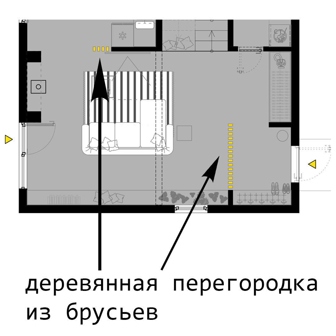 схема перегородок в гостиной и на кухне