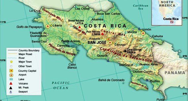 Карта Коста-Рики. Большая часть страны занимают высокие горы вулканического происхождения. 