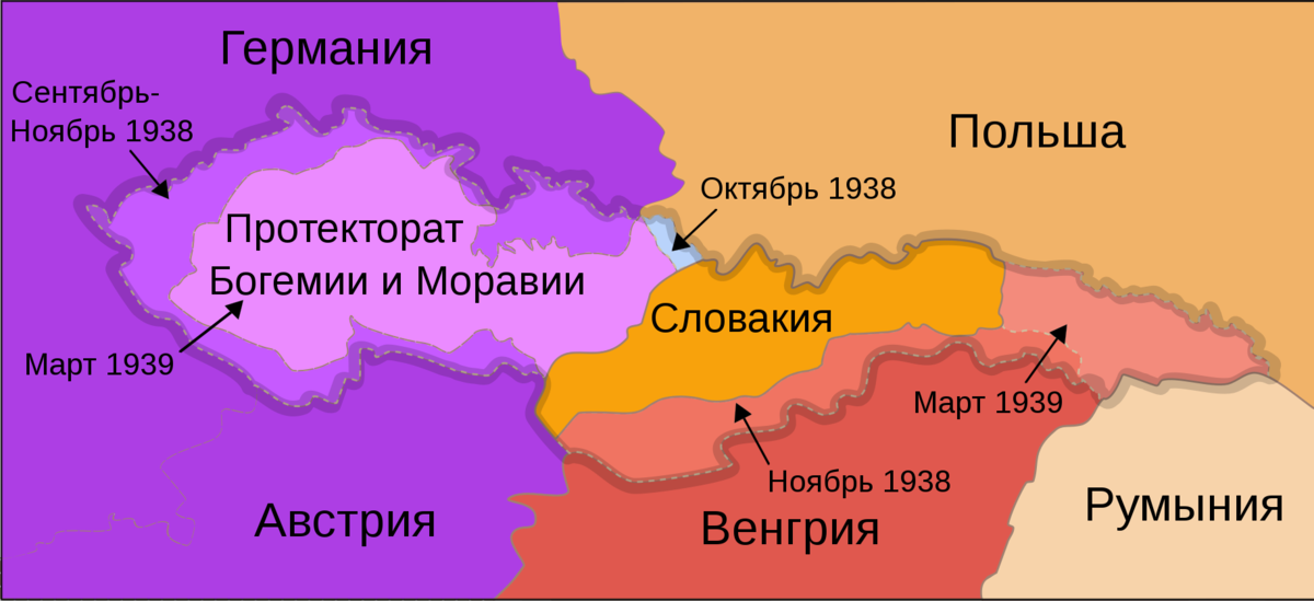Раздел Чехословакии в 1939 году. Польша, кстати, не пропустила Красную армию через свои территории для оказания помощи  пострадавшей стороне. Оно и понятно почему - у них была своя выгода!