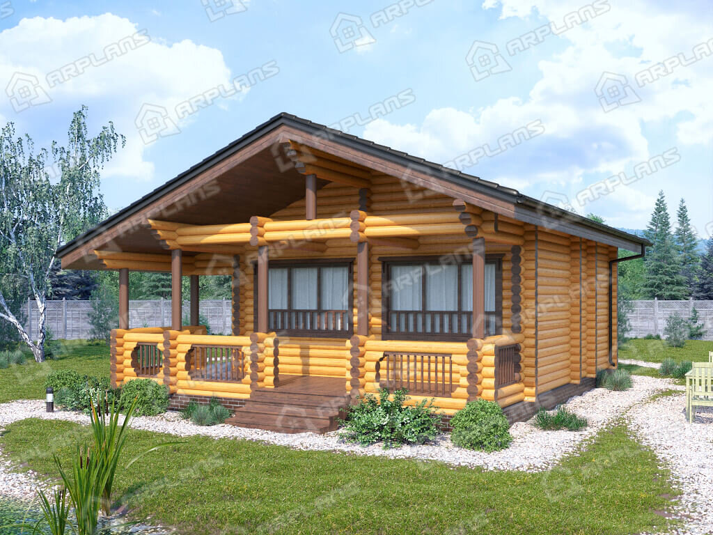 Фото 2 одноэтажного деревянного дома из бревна с 1 спальней и террасой. 50 кв м. Источник arplans.ru Проект ДО-161