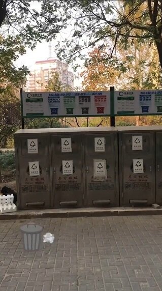 Контейнеры для разного вида мусора возле её дома