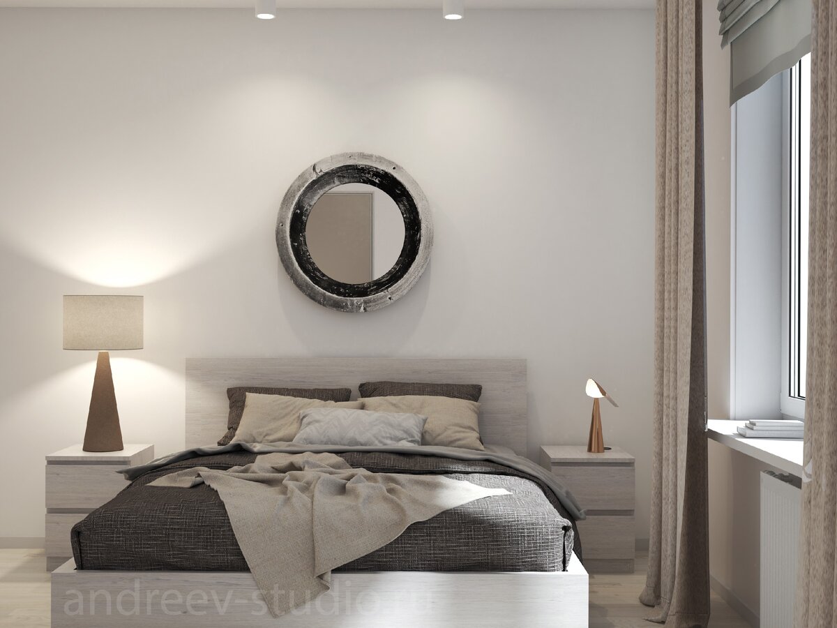 Немного уютного декора поможет создать комфортное пространство для проживания. Круглое зеркало в изголовье кровати, настольная лампа, несколько книжек на подоконнике, птичка на тумбочке и декор окна, - сделали интерьер комнаты с белыми стенами и недорогой кроватью с тумбочками из Икеа уютным пространством (фото авторов).