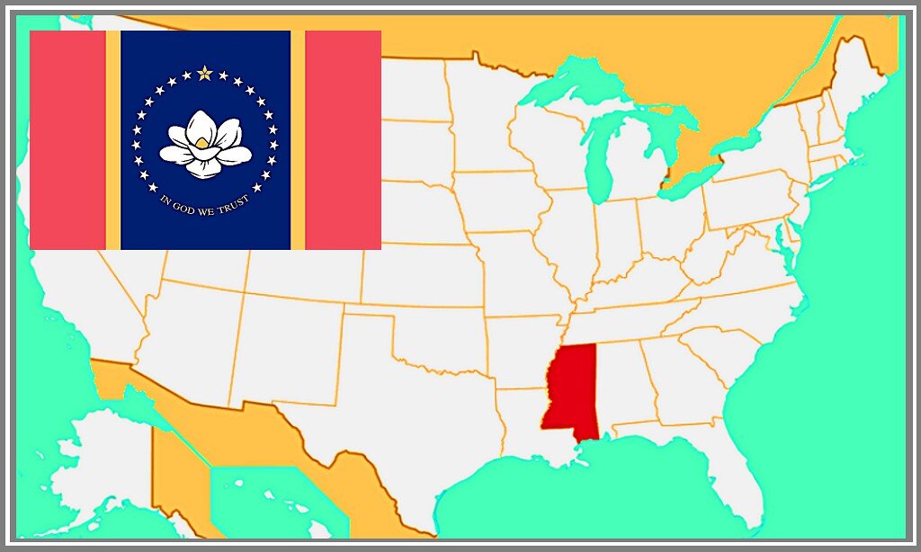 Штат Миссисипи выделен цветом.                                                                                        И  ещё тут - НОВЫЙ флаг штата Миссисипи с цветком магнолии, утвержденный в этом году - 11 января 2021 года.