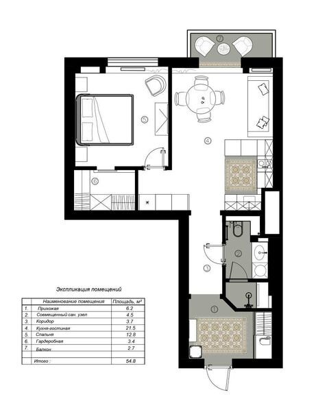 Типовую двухкомнатную квартиру превратили в евродвушку с отдельной гардеробной. Расширить полезную площадь удалось за счёт присоединения лоджии и объединения ванной с туалетом. Поскольку это не основное жильё заказчиков, систем хранения не много.