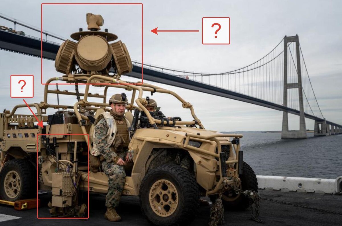 Это фото сделано 2 августа 2022 г. на палубе американского десантного корабля LHD-3 "Кирсэдж" во время прохождения под Датским мостом. Что за оружие у морпехов? Почему оно смонтировано на багги?