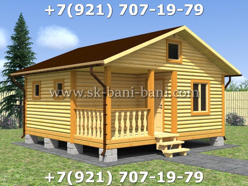 Планировка бани 6х6 с террасой из сухого бруса 140х140 с печкой под ключ