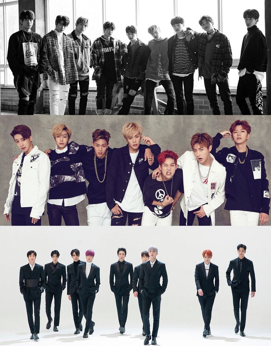 Сверху вниз: Stray Kids, Monsta X, SF9
