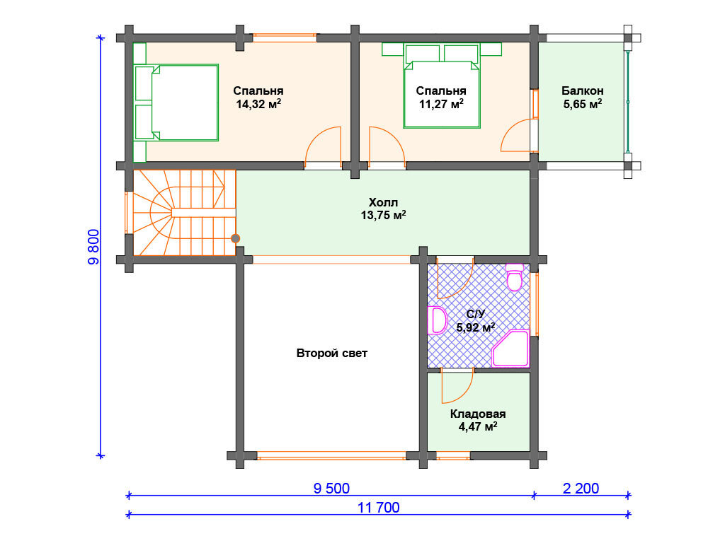 Планировка 2 этажа дома из бруса со вторым светом. Источник Проект ДС-113 сайт arplans.ru